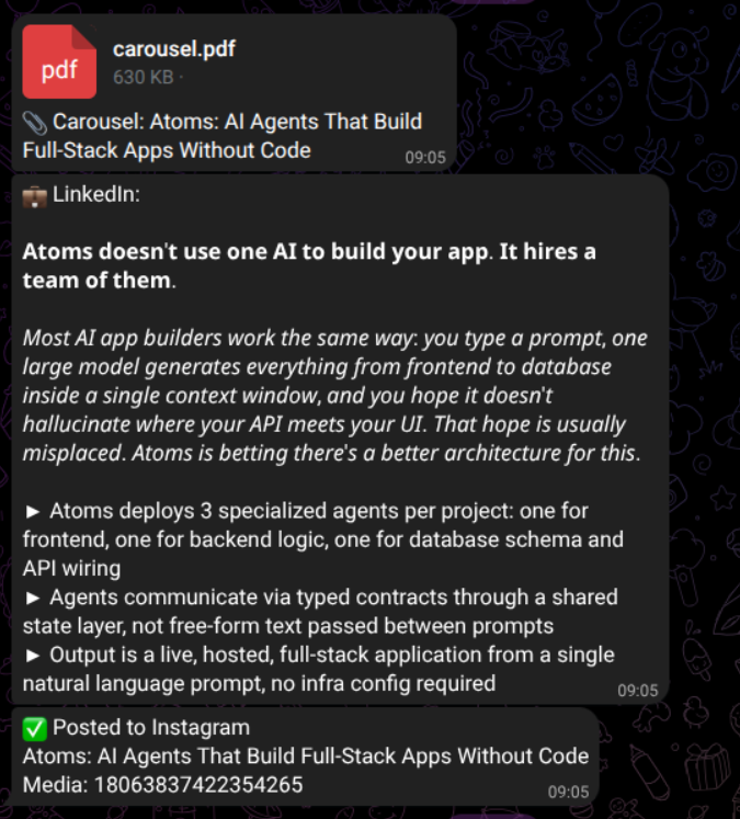 Telegram confirmation — the PDF and LinkedIn caption land in my chat right after the carousel posts.